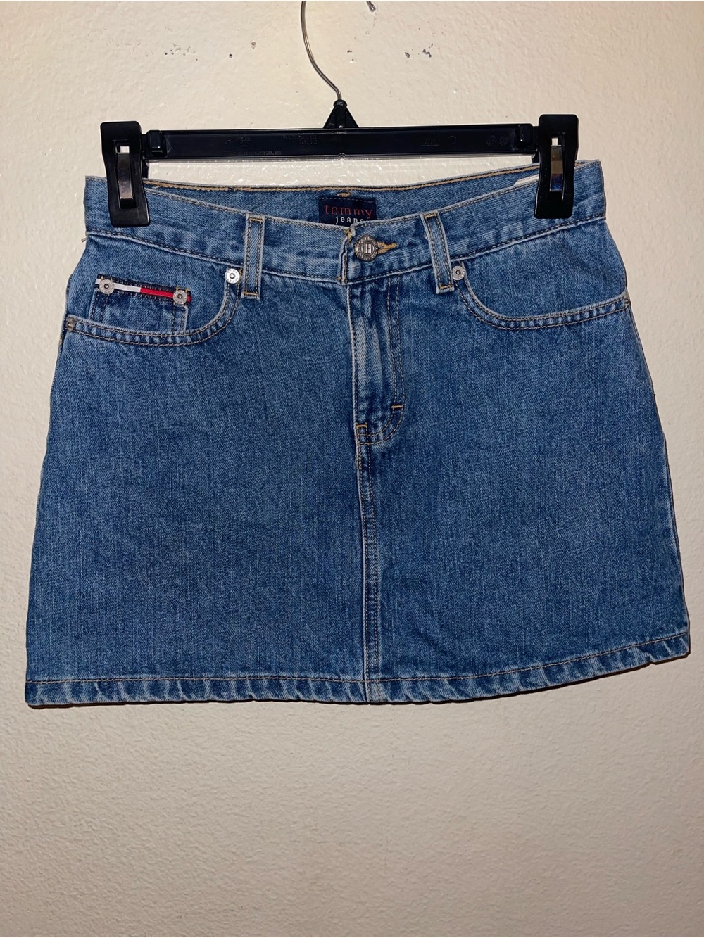 Vintage Tommy Hilfiger Medium Blue Denim Mini Skirt with Flag Detail